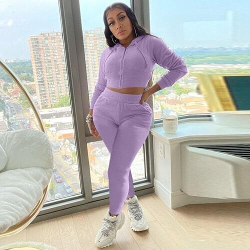 Simple Casual Two Piece Pant Suits Autumn 2021 Womens Clothing Hooded Long Sleeve Crop Top+sheath Stretchy Pants Sweat Suits