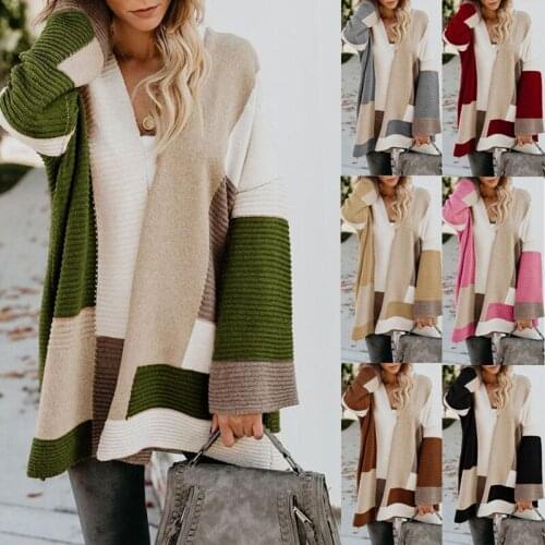 Womens Cardigan 2021 Autumn New Striped Multicolor Jacket Casual Loose V-Neck Womens Straight Sleeve Sweater Cardigan Size Up