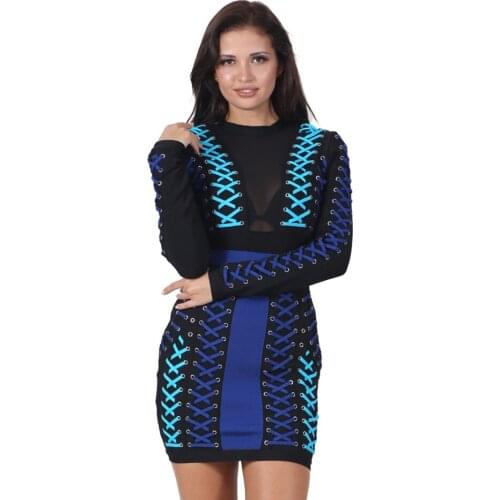S Curve Multi Lace Up Bandage Dress Women Blue Woven Long Sleeve Mesh Insert Mini Bodycon Party Dress