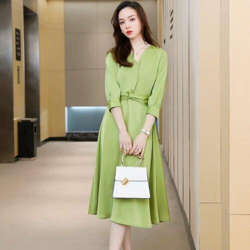 Fashion Women Dresses Half Sleeveless Green Office Elegant Ladies Party Knee Length