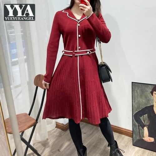 Top Quality Autumn Women Woolen Knitted Dress Elegant Ladies Knee Length Pleated Dresses Lapel Collar Long Sleeve Knitwear Dress