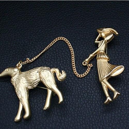 Enamel Shirts Brooch Pin Dress Girl And Dog Badge Animal Jewelry Golden Clothes Lapel Pins Retro Suit Accessories 2020 New