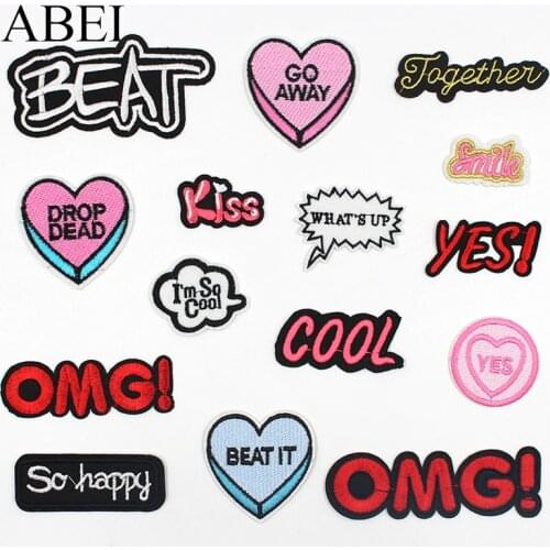 15pcs/lot Embroidered Mix Funny Patches Collection Iron On English Words Clothes Appliques DIY Jeans Coats Stickers Sew Badge