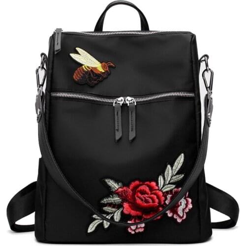 2PCS / LOT Handmad Embroidery Flower Women Backpacks School Bag for Teen Girls Black Nylon Waterproof Female Backpacks