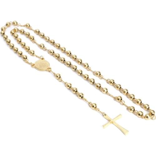 4/6/8mm Shining Gold Filled Stainless Steel Bless Rosary Beads Trendy Sweater Chain Rosarios Catolicos Para Womens Necklace