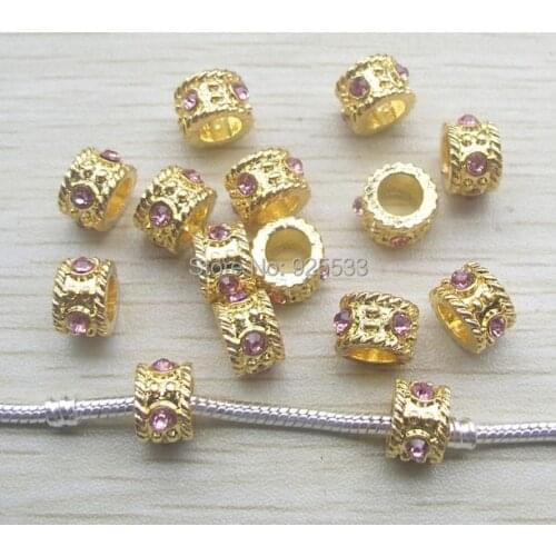 Free shipping 30pcs 12mm gold color alloy pink rhinestone big hole beads fit European DIY bracelet jewelry
