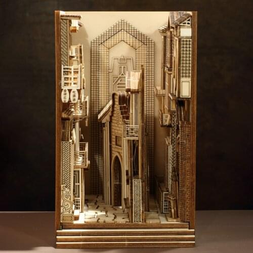 DIY Wooden Dragon Alley Book Nook Shelf Insert Kits Bookends With Furniture Chinese Building Model Bookshelf Home Decoration Toy