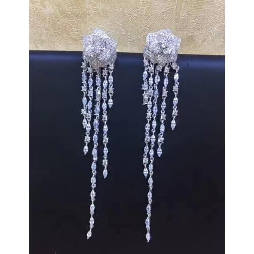 Long tassels earring top quality 925 sterling silver with cubic zircon flower drop earring fashion women jewelry free shipping
