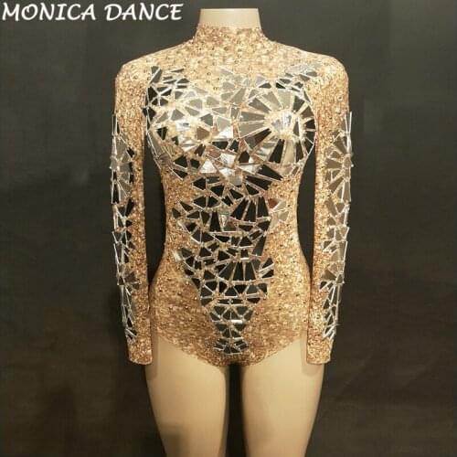 Women Sexy Gold Net Yarn Bodysuit Silver Bling Sparkling Mirrors Jumpsuit Nightclub Birthday Party Stage Singer Dance Bodysuit