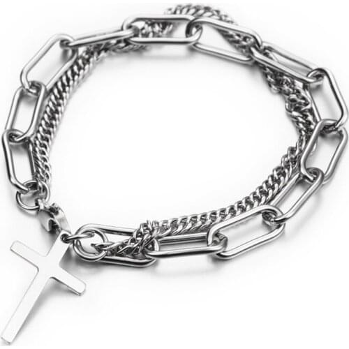 Hip-Hop Double-Layer Chain Cross Bracelet Stainless Steel Bracelets for Men Him Punk Jewelry