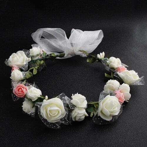 Headdress Bridal Garland Mesh Foam Simulation Flower Hairband Ribbon Adjustable Children Headdress Photo Wreath
