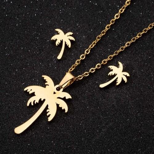 Jisensp New Fashion Stainless Steel Jewelry Sets for Women Bohemian Summer Beach Coconut Tree Long Chain Necklace Earrings