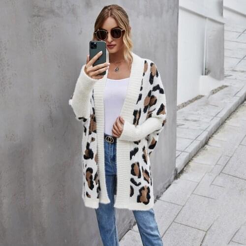 Women Fashion Leopard Pattern Loose Knitted Cardigan Sweater Vintage Batwing Sleeve Female Outerwear Chic Long Cardigans Clothes