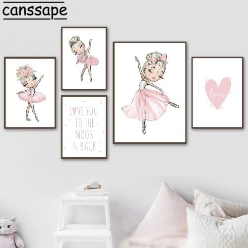 Ballet Girl Canvas Poster Nursery Wall Art Print Pink Heart Painting Dancing Girls Print Nordic Posters Girl Room Home Decor
