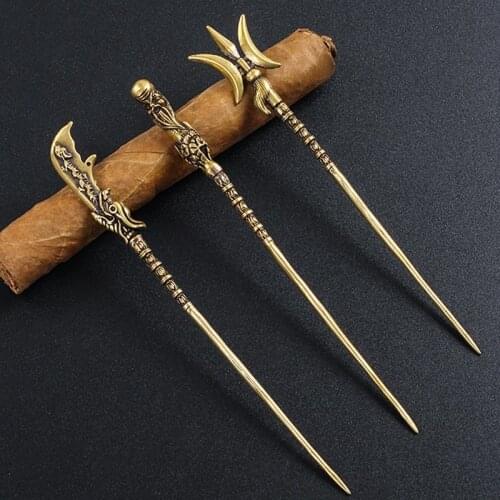 Retro Brass Cigar Pass Needle Cigar Smoker Portable Dredge Drilled Creative Carving Ventilation Needle Cigar Tool