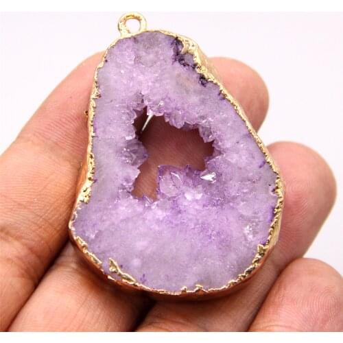 Natural stone necklace druzy pendants charm natural purple quartz crtstal agates druzy pendant for necklace jewelry making diy
