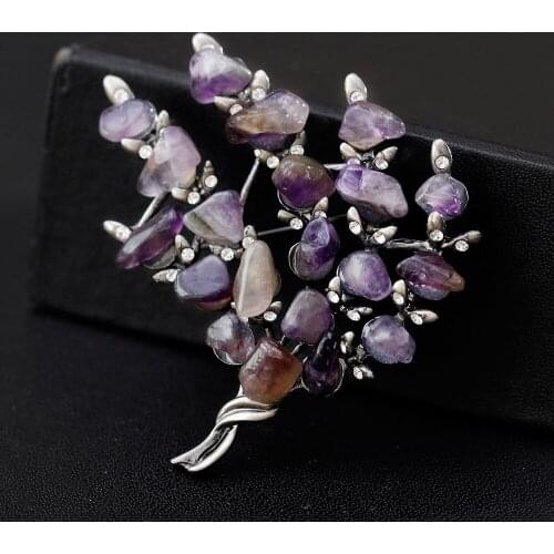Retro Silver Crystal Brooches Plant Tree Pins Women Floral Flower Party Bouquet Scarf Lapel Pin Purple Amethyst Stone Jewelry