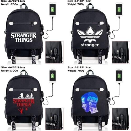 Anime Stranger Things USB Charging Backpack Student Racksack Fashion Boys Girls Casual Packsack Canvas School Bag Zip Laptop Bag