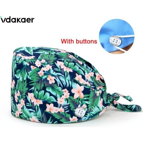 New Flower printing hat adjustable Scrub hats beauty salon laboratory pet shop fashion scrub cap with button nursing head cap