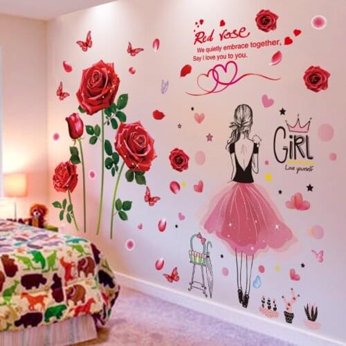 [SHIJUEHEZI] Cartoon Girl Wall Stickers DIY Rose Flowers Wall Decals for Kids Rooms Baby Bedroom Living Room Home Decoration