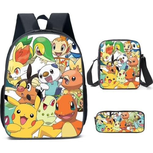 Pokemon student backpack digital printing nylon zipper cute children Pikachu backpack three-piece pen bag backpack birthday gift