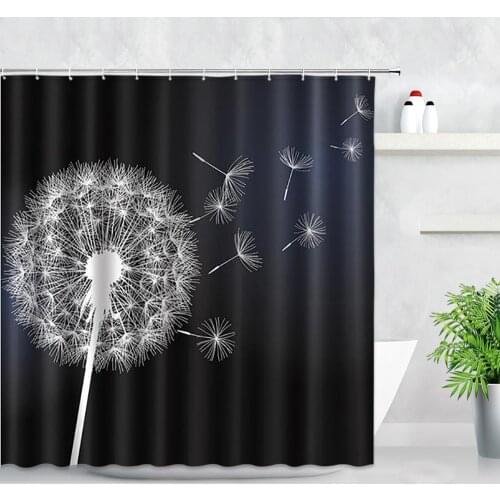 Flower Shower Curtain Set White Dandelion Black Background Waterproof Bath Curtains Floral Fabric Polyester For Bathroom Decor