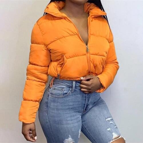 Women Winter Long Sleeve Zipper Puffer Jacket Stand Collar Warm Parka Fashion Short Outwear Thick Down Bubble Coats 2021