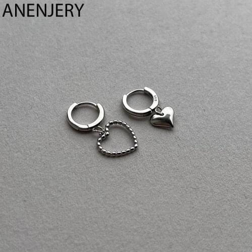 ANENJERY 925 Sterling Silver Asymmetric Heart Hoop Earrings For Women Simple Sweet Girl Cool Jewelry