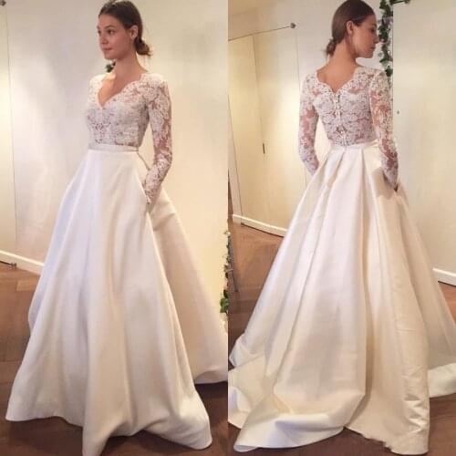 Hot Sexy V-neck Top Lace Satin Skirt Long Sleeve Wedding Dresses With Pocket Button Back Design Wedding Bridal Gowns robe femme