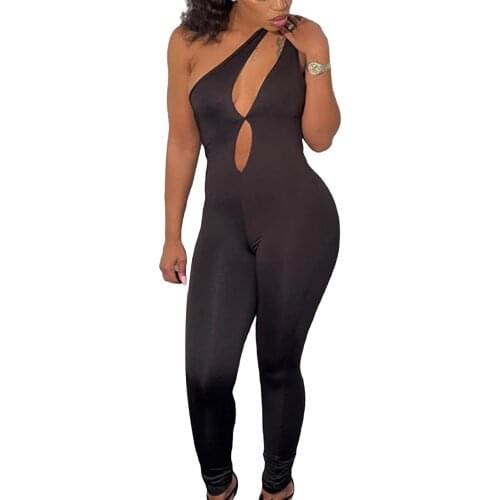 Women Close-fitting Jumpsuit, Solid Color Sleeveless Irregular Neckline Overalls, Black/ Khaki