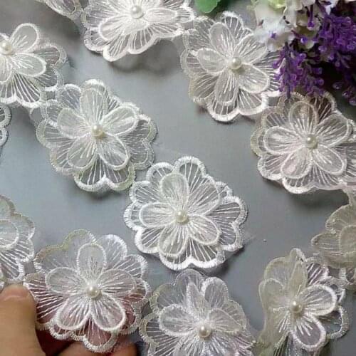 2 Yard White 5CM Pearl Flower DIY Soluble Wedding Lace Trim Knitting Embroidered Handmade Patchwork Ribbon Sewing Supplies Craft