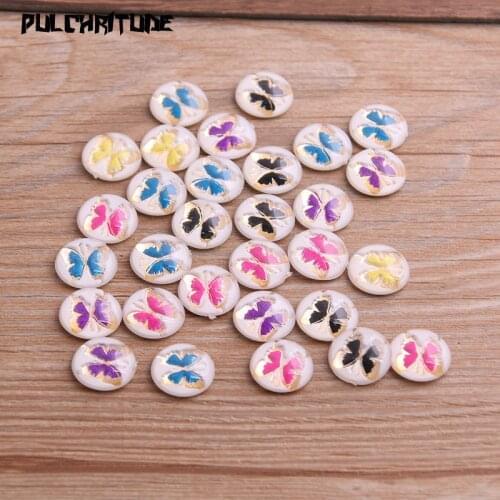 40pcs 12mm Mix Colors Butterfly Natural Stone Convex Series Flat back Resin Cabochons Jewelry Accessories