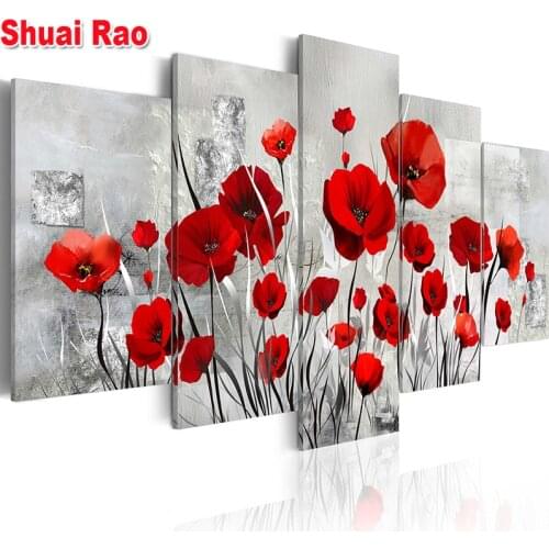 5 piece set 5d diy diamond painting red rose flower picture full square round diamond mosaic embroidery blaze Poppies