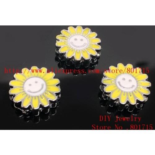 50p beautiful sunflower slide charms Internal Dia.8mm slide Charms Jewelry Finding SL415 fit 8mm wristband pet collar key chain