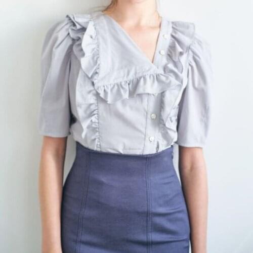 Irregular Turn-down Collar Button Up Shirt Japan Style Sweet Fungus Patchwork Women Blouses Summer 2021 New Elegant Solid Blusas