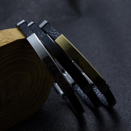 Black Leather Bracelets for Men Women Gold/Black/Silver Color Stainless Steel Bar Bangle Causal Pulseira