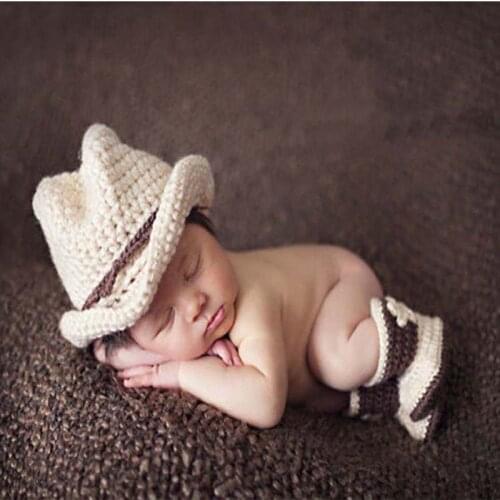 Handmade Knit Baby Cowboy Hat and Boots Set Newborn Boy Photography Props Crochet Baby Cap with Booties Shoe 1set H224
