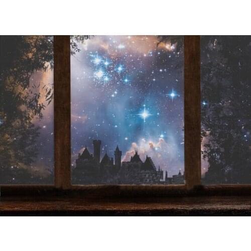 Window starry night magic Castle forest sparkly background High quality Computer print children kids backdrops