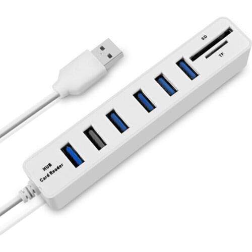 Cable Hub USB 2.0 6 Ports Wire Splitter High-speed Computer Power Cord Adapter with TF SD Card Reader