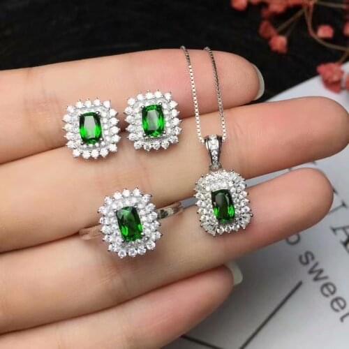 925 sterling silver inlaid natural tremolite set 4 * 6 mm rectangular ring necklace ring ring set wedding engagement gift