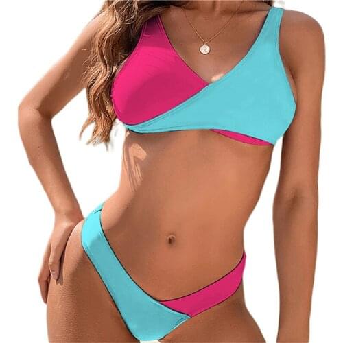 2Pcs Women Summer Bikini Set Contrast Color Cross V-Neck Padded Tops + Low-Waist Briefs Swimsuit Two Piece Swimming Suit