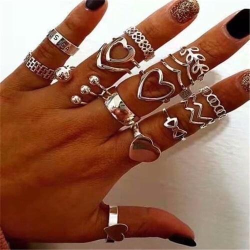 New Boho Vintage Fashion Geometric Silver Color Heart-shaped Metal Beads Leaf Bow Set Ring For Women Rings Jewelry Party Gift