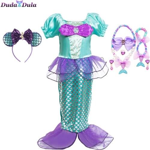 Girls Mermaid Dress Theme Birthday Party Costume with Flower Headband Ocean Flower Dresses Kids Mermaid Costume Halloween