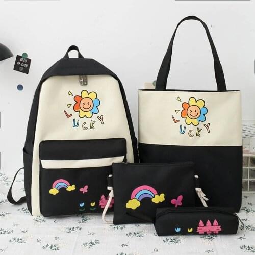 4 Pcs School Bags Student Canvas Cute Women Backpack Print Female Student College School Backpack For Teenager Girl Kawaii