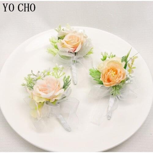 YO CHO Artificial Flower Boutonniere Groomsman Flowers Bridesmaids Wrist Bracelet Wedding Accessories Prom Party Suit Decoration
