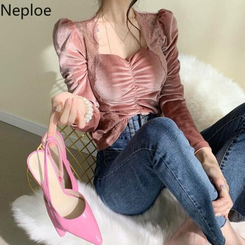 Neploe Womens Shirt Square Collar Lace Patchwork Velvet Tops Vintage Fashion Blusas Mujer Slim Fit Temperament Basic Blouses