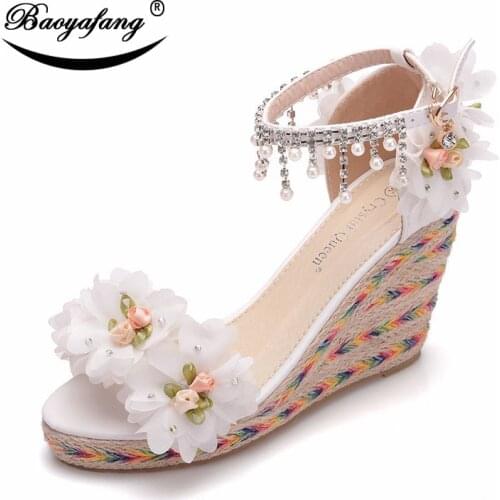 Womens Summer Sandals Flowers tassels fish mouth sloping heels sandals waterproof platform sandals Roman white sandals