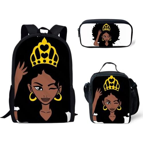 NOISYDESIGNS Black Queen African Girls Print Women Backpack for Kids 3pcs/set Primary School Backpacks Children Bookbag