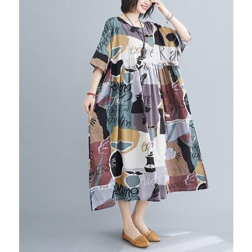 Uego Batwing Sleeve Loose Summer Dress Soft Cotton Linen Abstract print Vintage Dress Plus Size 5XL Women Holiday Casual Dress