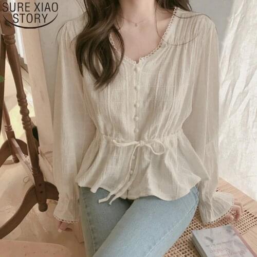 2021 Spring Autumn Women V-Neck White Blouses Belt Casual Cotton Linen Lace Long Sleeve Shirts Women Shirts Chemisier Femme 9590